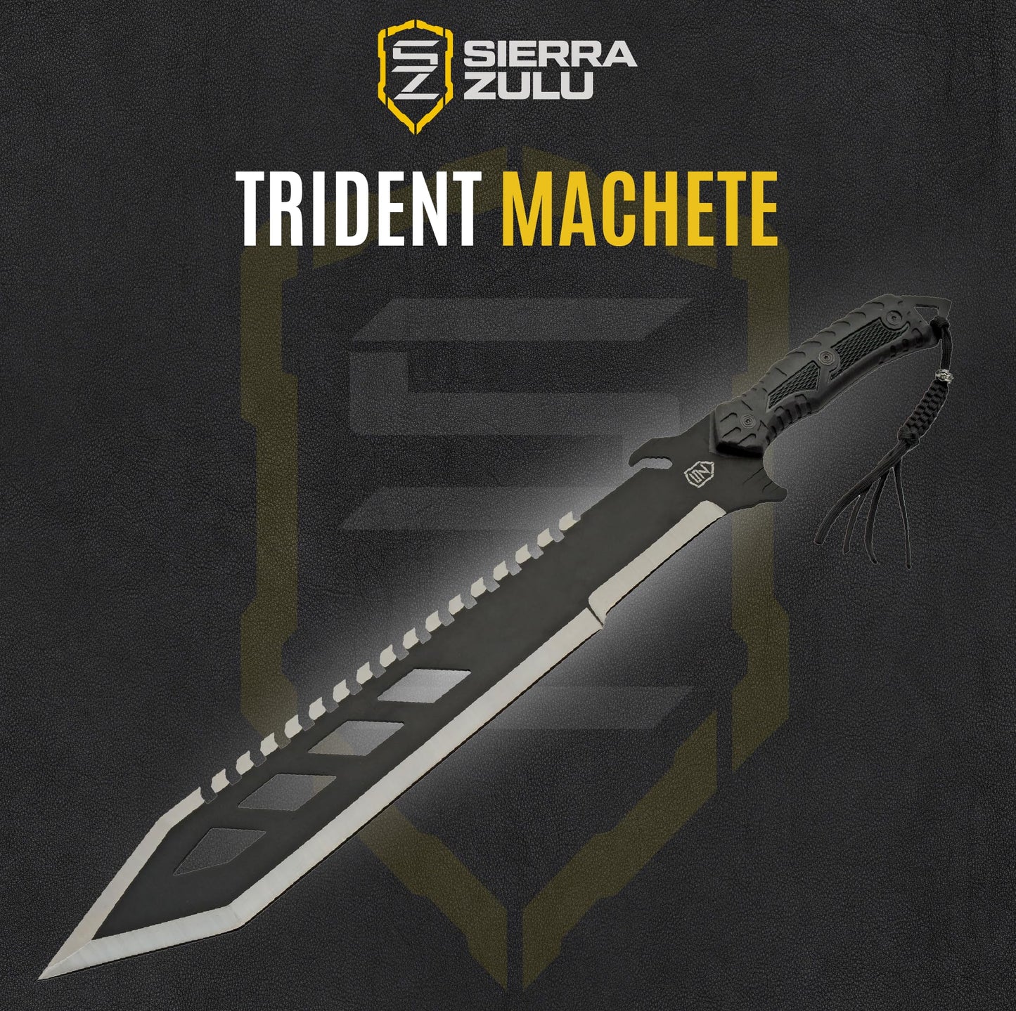 Sierra Zulu Trident Machete - Stainless Steel, 24.0 inches Overall, Modified Tanto Blade with Saw Tooth Back Edge - Tactical Nylon Sheath with Reversible Wear Strap