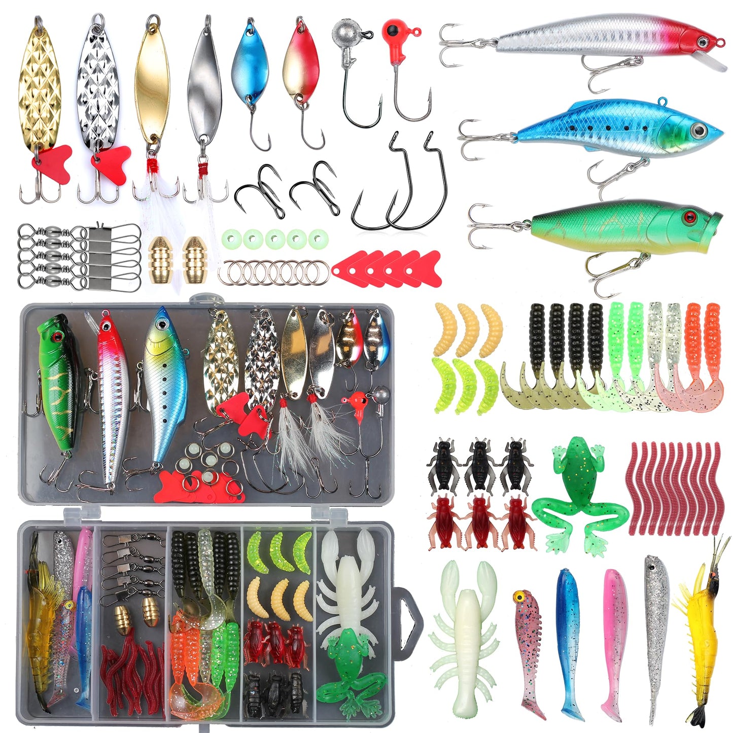 EXAURAFELIS 79pcs Fishing Lure Fish Bait swimbaits Bass Lures kit Tackle Including Crankbaits Metal Spoons Plastic Worms Jigs Topwater Lures Tackle Box Fishing Gear
