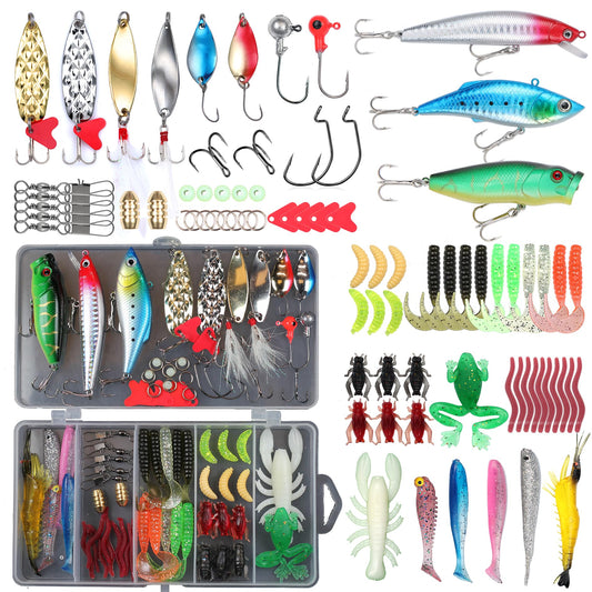 EXAURAFELIS 79pcs Fishing Lure Fish Bait swimbaits Bass Lures kit Tackle Including Crankbaits Metal Spoons Plastic Worms Jigs Topwater Lures Tackle Box Fishing Gear