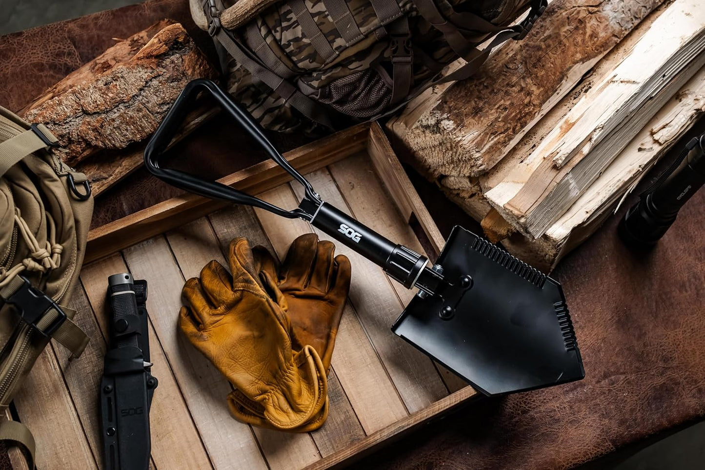 SOG Entrenching Tool- 18.25 Inch Folding Survival Shovel with Wood Saw Edge and Tactical Shovel Carry Case- Black (F08-N)