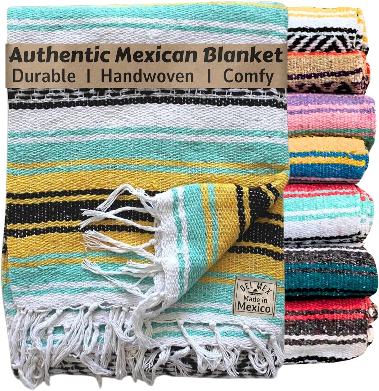 Authentic Del Mex Large Mexican Blanket - Woven Falsa Throw (70"x50") for Beach, Yoga & Outdoor Decor - Pink/Tan