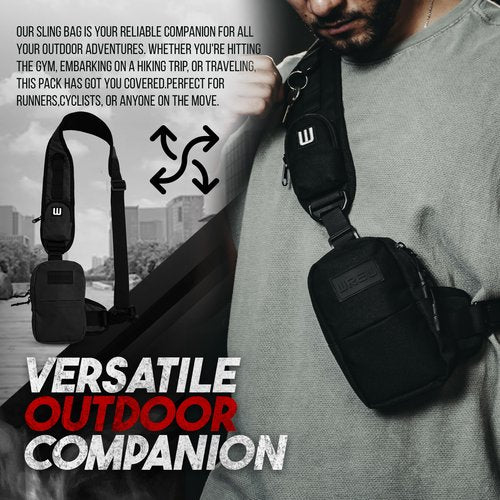 WREW Small Sling Bag for Men-Cross body bag with Shoulder Straps,Mini Sling Crossbody bag for Women-Travel Backpack for Hiking,Daypack Multipurpose Over the Shoulder Chest Bags with Keyholder(Black)