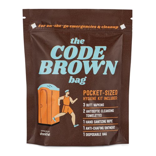 Drankful Code Brown Bag, Single Use Portable Travel Bathroom Pack, Includes Butt Napkins, Hand Wipes, Disposal Bag, Hand Sanitizer, Anti-Chafe Ointment, for Running, Camping, Hiking, Outdoors