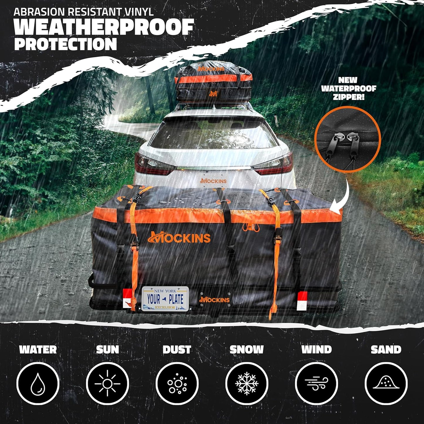 Mockins 60"x20"x6" Folding Trailer Hitch Cargo Carrier w/ 20 Cu.Ft. Waterproof Cargo Bag for Hitch Carrier | 500 Lbs. Capacity Weatherproof Luggage Rack for SUV Car & Truck w/Car Trailer Accessories