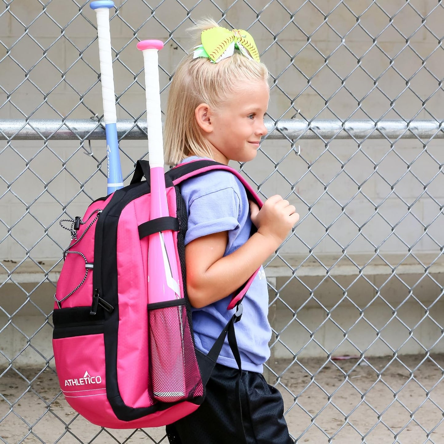 Athletico Youth Baseball Bag - Bat Backpack for Baseball, T-Ball & Softball Equipment & Gear | Holds Bat, Helmet, Glove | Fence Hook (Pink)