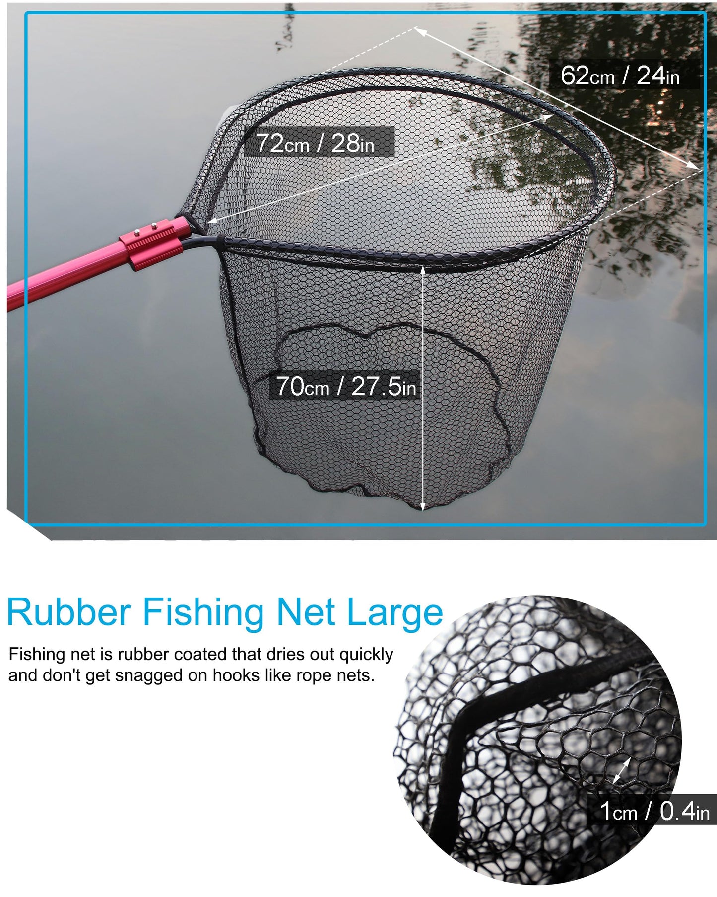 Facikono Large Fishing Net Rubber Fishing Net Large Heavy Duty Extra Large Landing Net for Saltwater Aluminum Fishing Net Telescoping Handle with 6pcs Soft Jig Swimbait, Extends to 72-94in