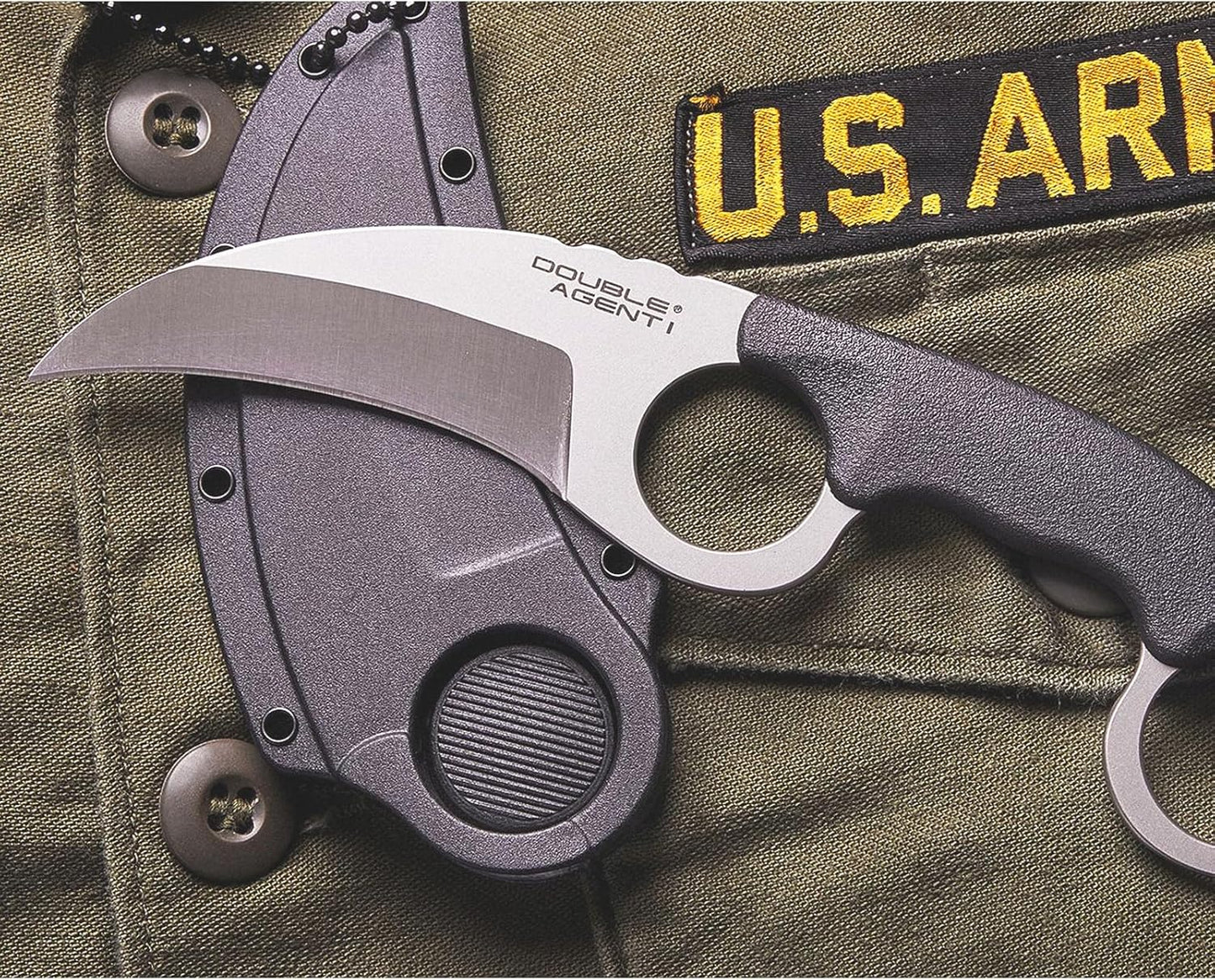 Cold Steel Double Agent Durable Lightweight Japanese AUS8A Steel Karambit Shape 3" Fixed Blade Tactical Outdoor Hunting Knife, Kray-Ex Handle, Secure-Ex Sheath