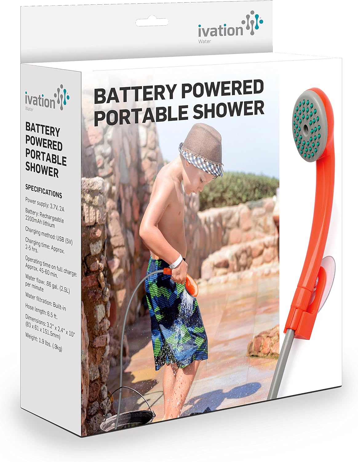 Ivation Portable Outdoor Shower, Battery Powered - Compact Handheld Rechargeable Camping Showerhead - Pumps Water from Bucket Into Steady, Gentle Shower Stream