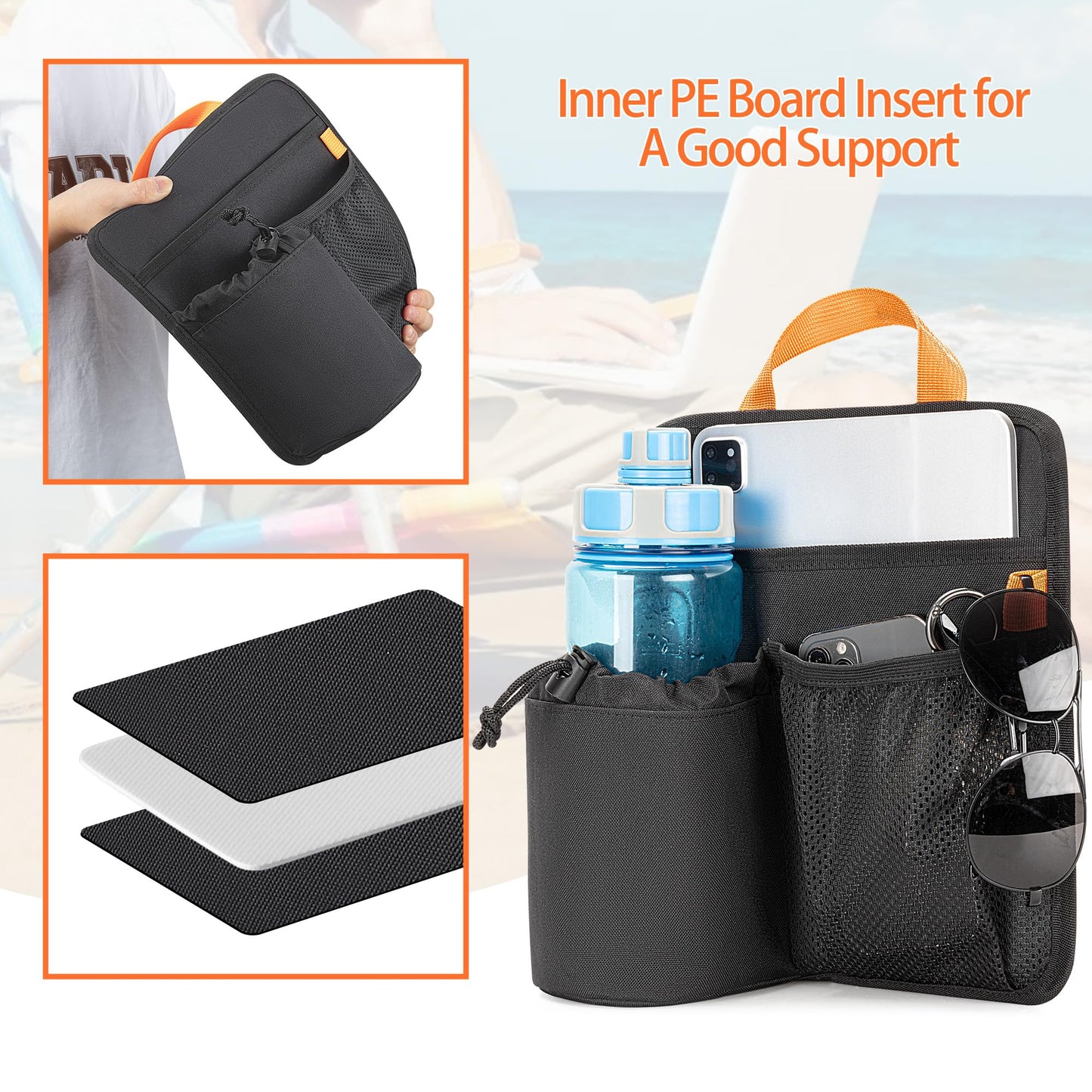 GRAOSO Beach Chair Cup Holder, Chair Side Organizer Easily Attached to Armrest with 2 Self-Adhesive Fastener Strap, Hanging Chair Attachment for Water Bottle, Sunglasses, Phone, Snack, etc..