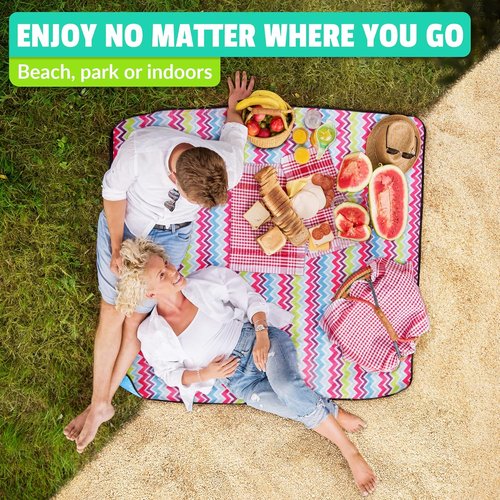 Beach Blanket Sand Proof & Outdoor Picnic Blanket - Water Resistant, Large Mat for Camping or Travel. Washable, Foldable, Easy Carry Compact Tote Bag (Wave Design)