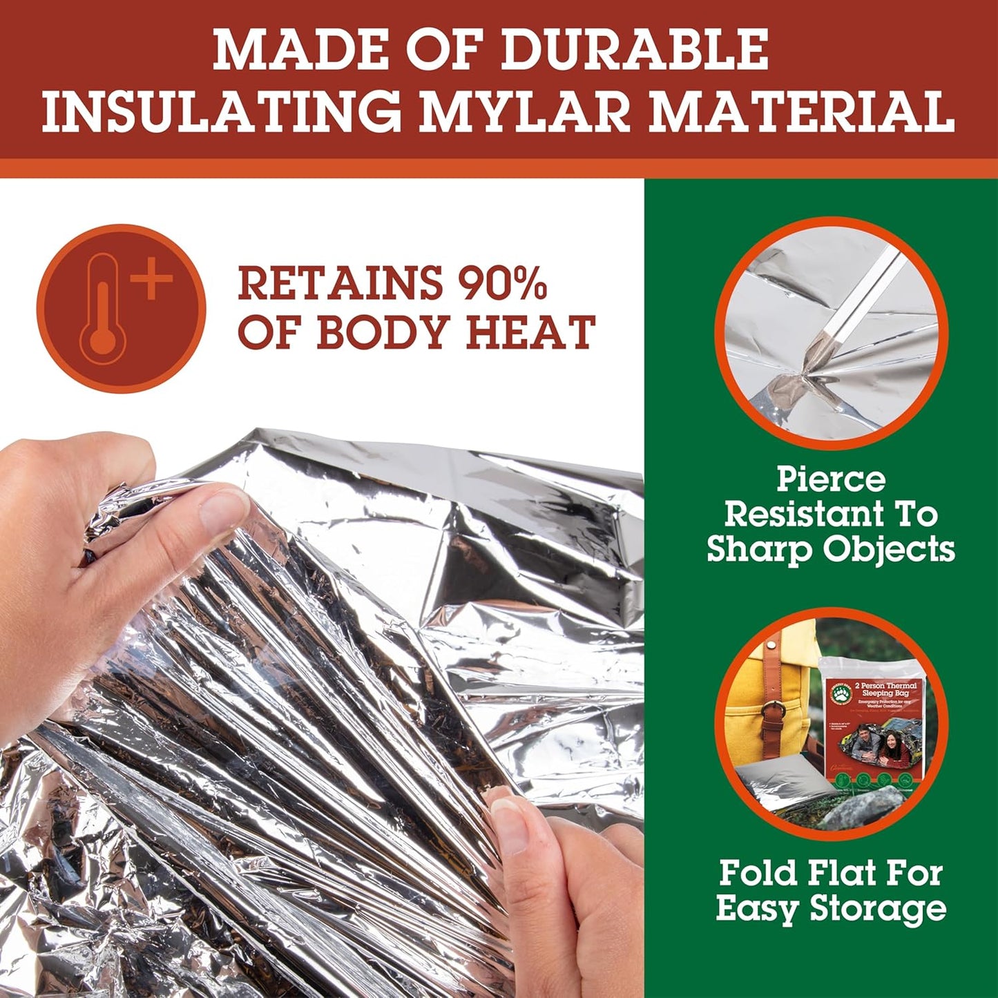 Emergency Thermal Mylar 2 Person Sleeping Bags -Ultra Compact for Camping, Survival, Disaster Bivouac Shelter- Pocket Sized, 7.25ft x 5.25ft - Retains 90% of Body Heat and Repels Wind & Water
