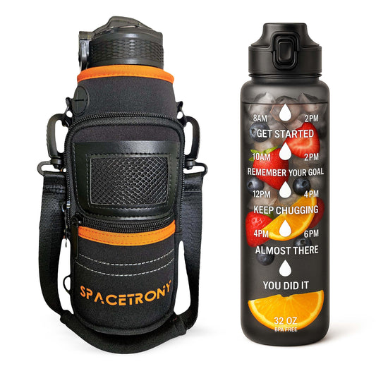 32oz Motivational Water Bottle - Neoprene Water Bottle Sleeve for Running/Hiking - Water Bottle Holder with Straps for Shoulder/Crossbody Pockets for Phone/Keys/Cards, Perfect for outdoor activities.