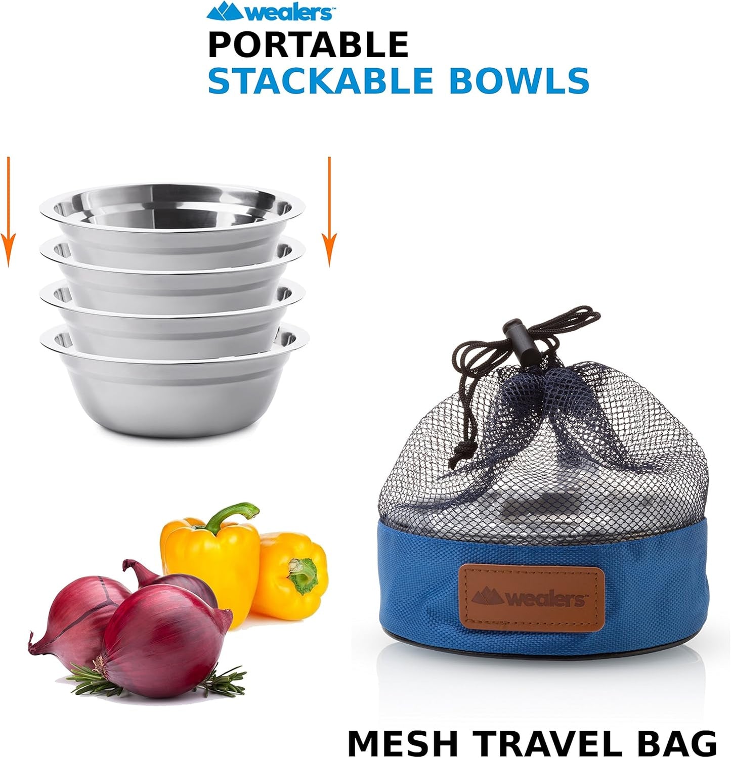 Wealers Stainless Steel Bowl Set - 6 inch Ultra-Portable Dinnerware Round BPA Free Bowls with Mesh Travel Bag for Outdoor Camping | Hiking | Picnic | BBQ | Beach