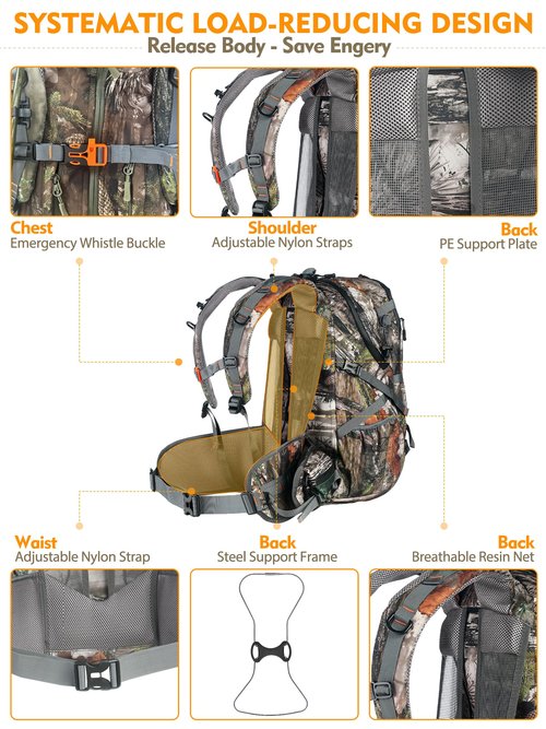 NEW VIEW Hunting Backpacks for Men 35L, Camo Backpack for Hunting with Rifle Bow Gun Holder, Waterproof Hunting Pack with Rain Rover