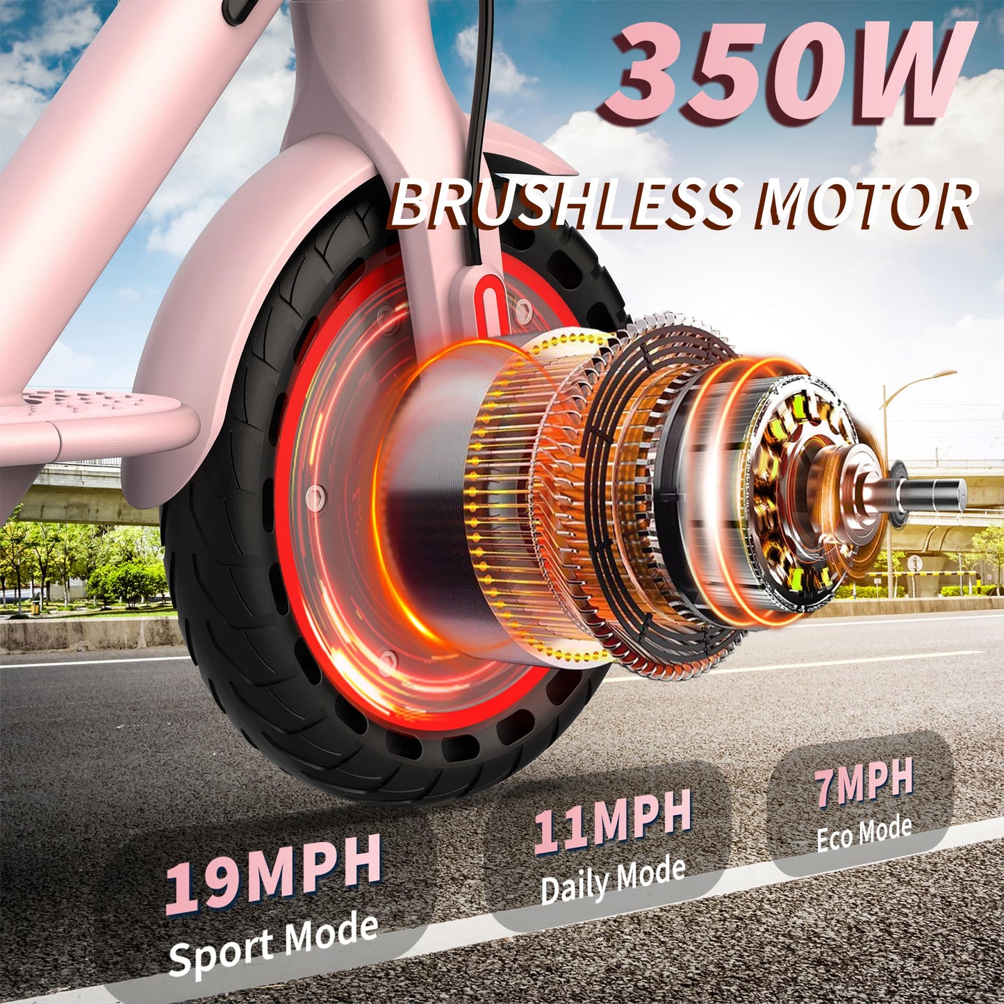 Roinside Electric Scooter - 8.5" Solid Tires, 350W Motor, Up to 19 MPH and 16 Miles Long-Range Commuting Foldable Scooter for Adults with Dual Braking System and Smart App, Pink