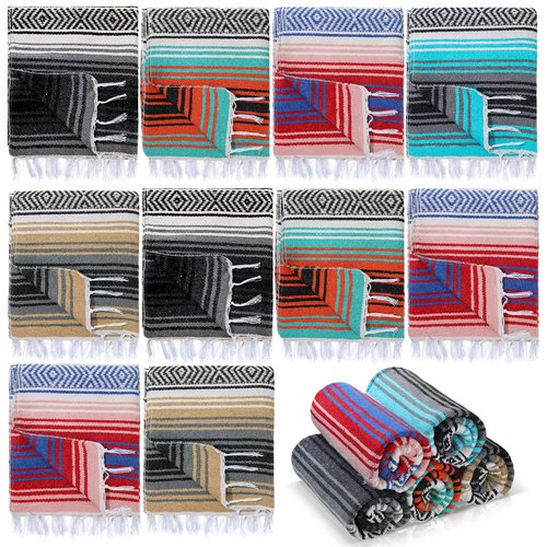 Preboun 10 Pieces Mexican Blanket Bulk Authentic Woven Yoga Blanket Large Picnic Camping Rug Colorful Striped Serape for Beach Outdoor Grass Car Home(Multi Color)