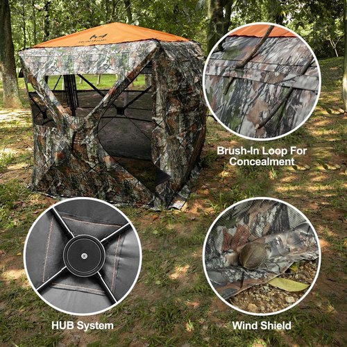 Hunthor Hunting Blind for 2-3 Person, 360 Degree See-Through Ground Blind with Silent Zipper and Orange Top, Portable Pop-Up Tent for Deer and Turkey Hunting with Carry Bag