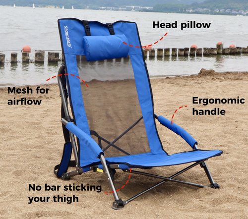 SPORT BEATS Low Beach Chairs Set of 2 Folding Beach Chairs High Back Support with Head Pillows Shoulder Straps