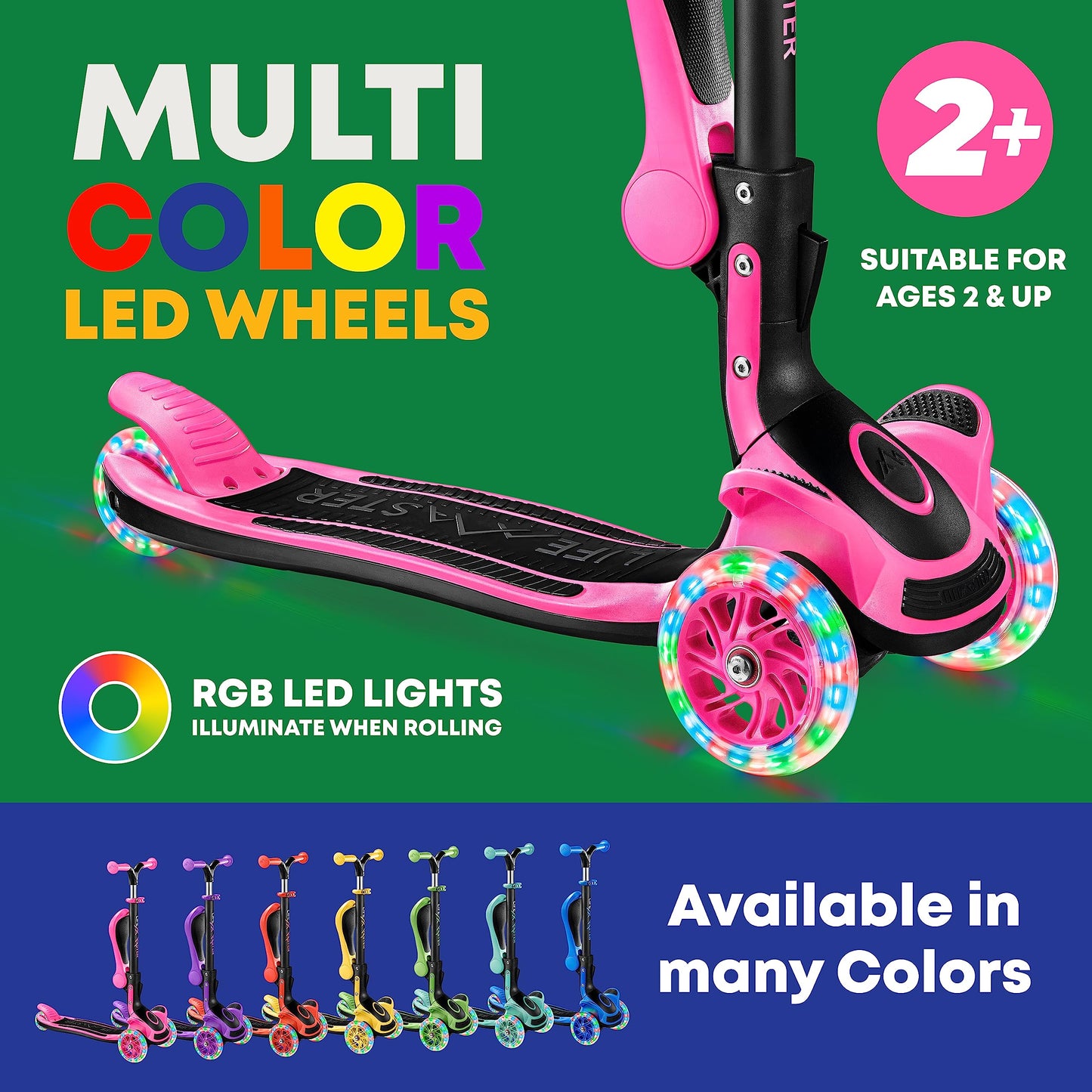 3 Wheel Scooter for Kids with Foldable Seat, Adjustable Handlebar Height, Lean-to-Steer Ride On Toy for Kids Ages 2+, Light-Up LED Wheels, Wide Anti Slip Deck, Indoor & Outdoor Use, Pink