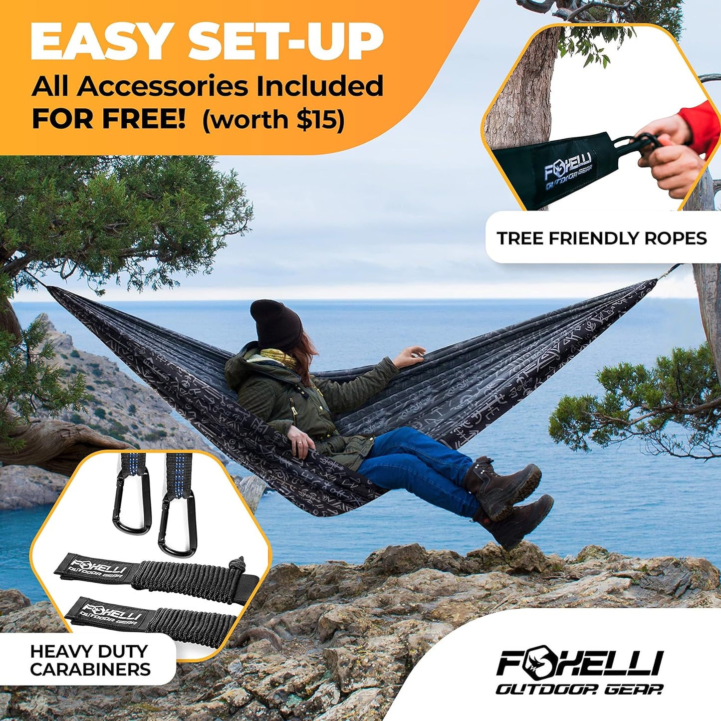 Foxelli Camping Hammock - Lightweight Portable Hammock, Easy Setup with Tree-Friendly Ropes & Steel Carabiners, Heavy Duty Parachute Nylon for Indoors and Outdoors