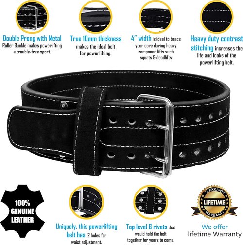 Hawk Sports HHR Power Lifting Belt, Suede Leather Double-Prong Weightlifting Belt, 4-inch Wide x 10mm Thick, Maximum Support & Protection for Weightlifting and Powerlifting