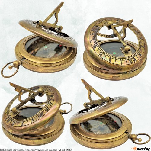Carfar Nautical Sunclock Compass Handmade Solid Brass Vintage Style Sundial Push Open Navigational Compass with Leather Gift Case Best for Your Loved Ones (Vintage)
