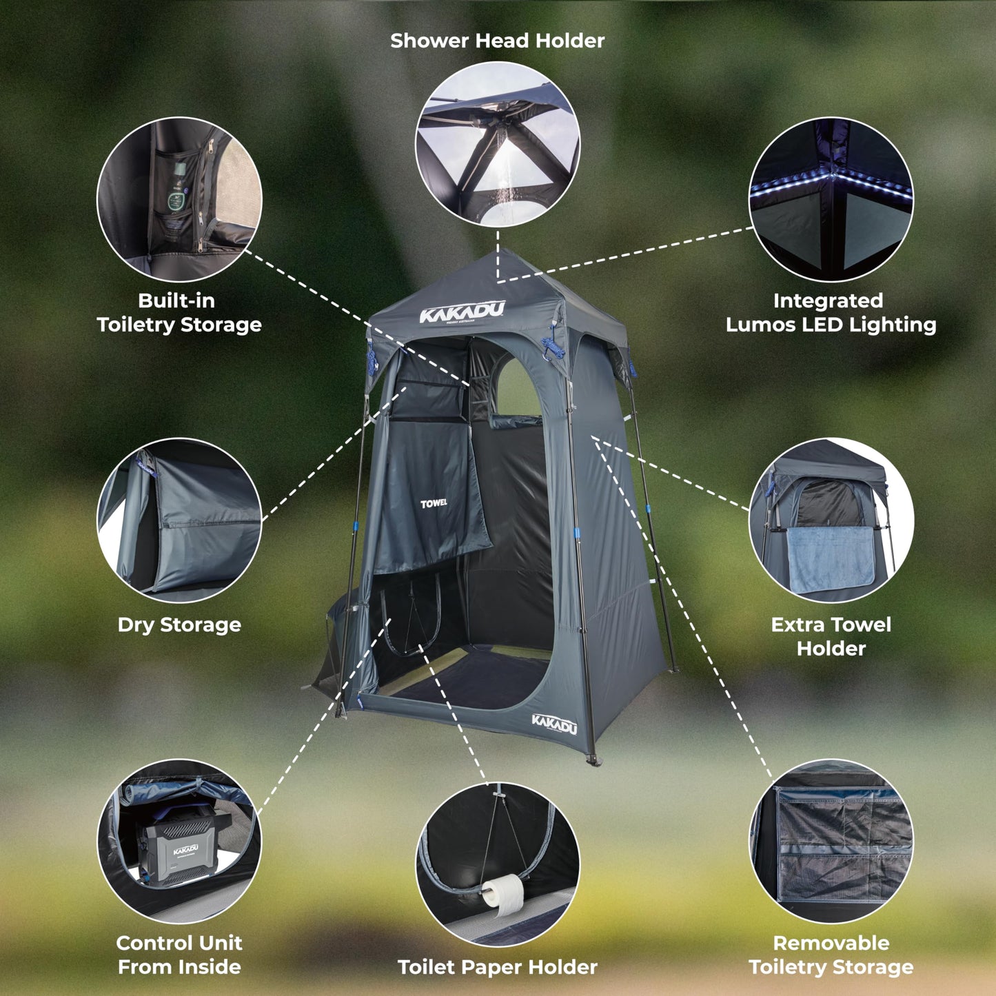 Kakadu Outback Shower Tent, Portable Privacy Shelter, Outdoor Camping Toilet Tent, Changing Room, Sturdy, Easy Setup - with LED Light, Carry Bag, Towel Rod