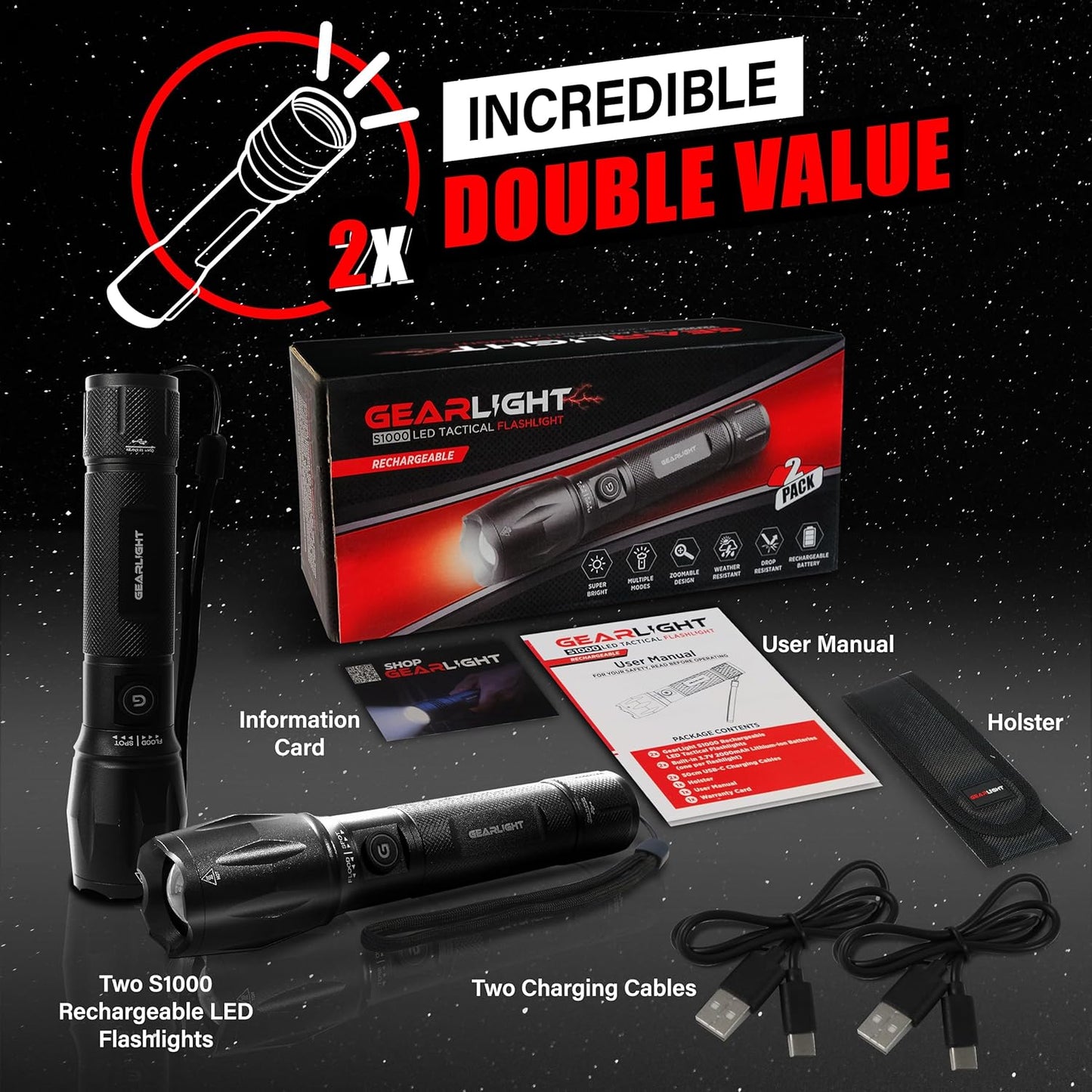 GearLight LED Flashlights - Mini Camping Flashlights with High Lumens, 5 Modes, Zoomable Beam - Bright and Versatile Flash Light for Outdoor and Home Use - S1000-2 Pack, (Batteries Not Included)