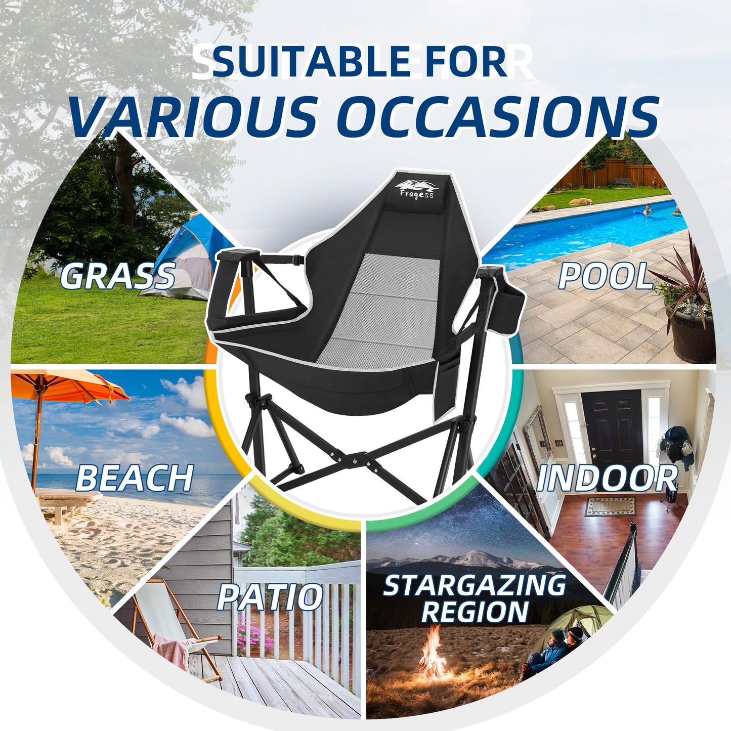 Fragess Portable Hammock Camping Chair with Adjustable Back, Folding Hammock Chair Supports 330lbs, Camping Swing Chair for Adults, Camping Hammock Chair for Lawn, Concerts, Backyard, Stargazer-Black