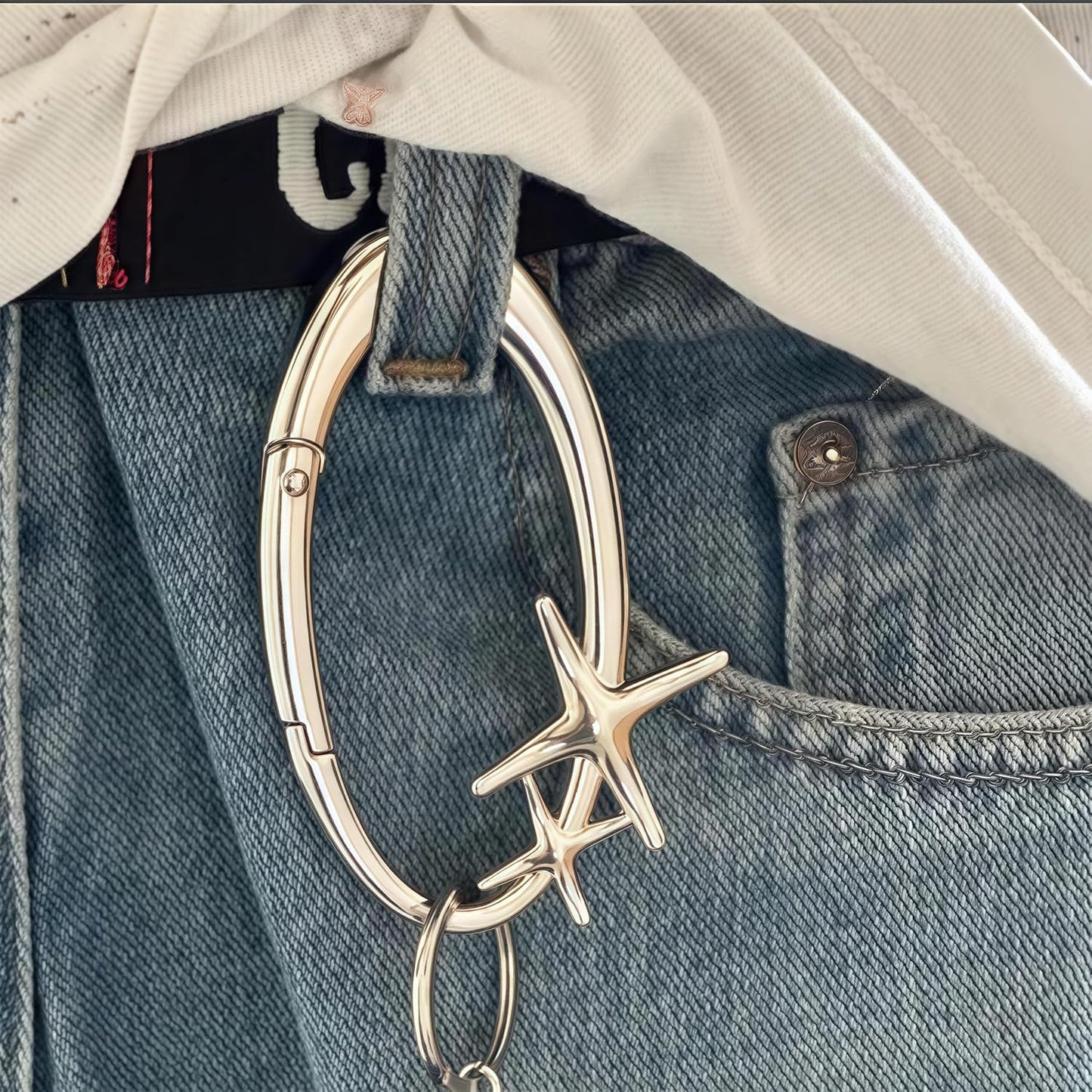 Starlight Y2K Metal Heavy Shiny Carabiner Belt Loop Accessory Belt,Star Silver Carabiner Keychain,Matte Chrome Karibiner, Gift her