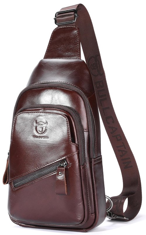 BULLCAPTAIN Mens Leather Sling Bag Backpack Casual Outdoor Shoulder Crossbody Chest Bag with USB Charging Port (Coffee)