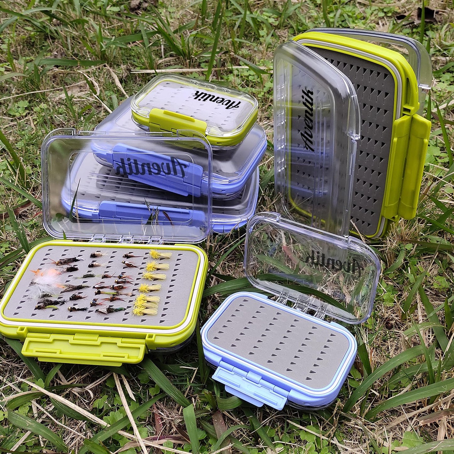 Aventik Fly Fishing Box Jig Box Waterproof Float Lightweight Double Side Large Capacity Easy Grip Clear Lid Fly Fishing Lures Box(H18 Blue, SIZE A:4.24X3.04X1.36inch)