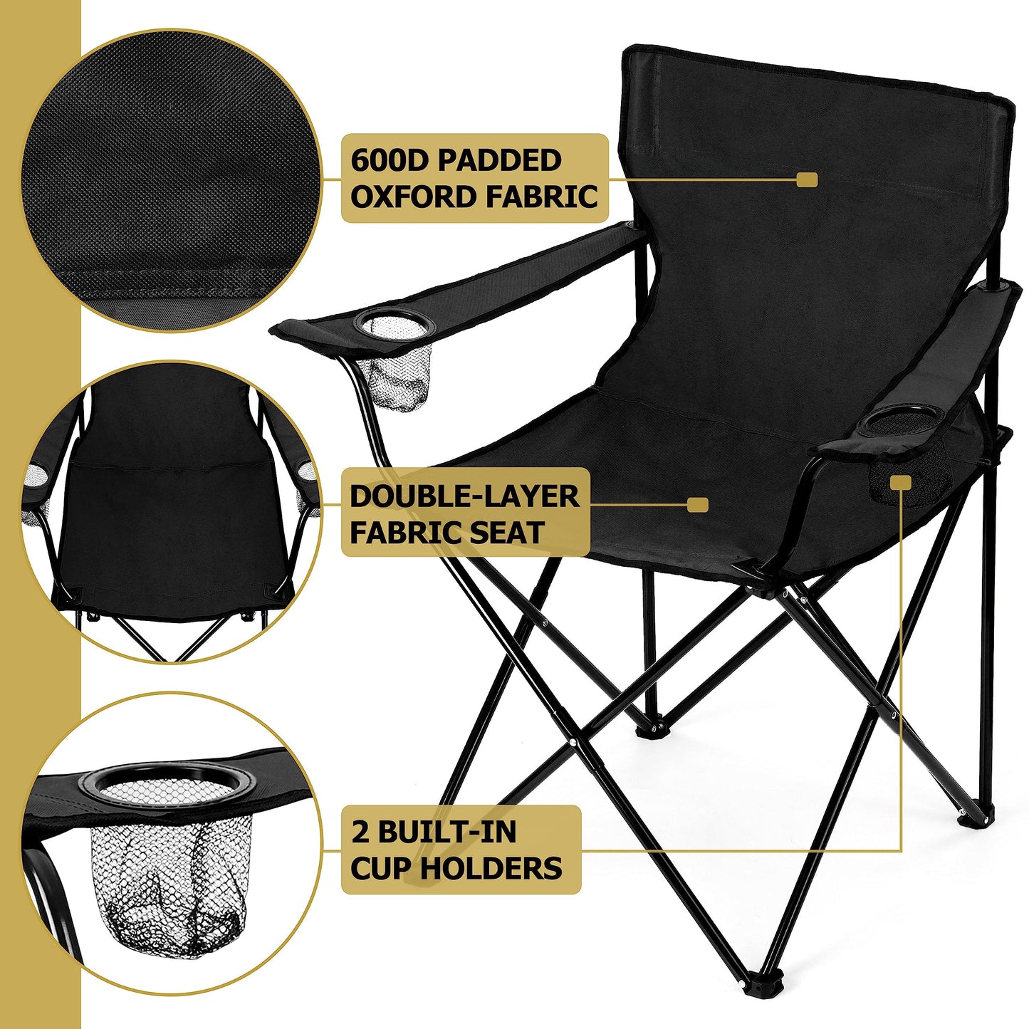 Leonyo 2Pcs Folding Camping Chairs, Outdoor PortableLawn Chairs for Adults with Cup Holders, Carrying Bag for Outside Beach, Sports, Hiking, Black