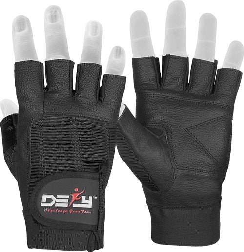 DEFY Challenge Your Fear Leather Weight Lifting Gloves Spandex Heavy Duty Gloves Padded Gym Body Building Fitness Workout