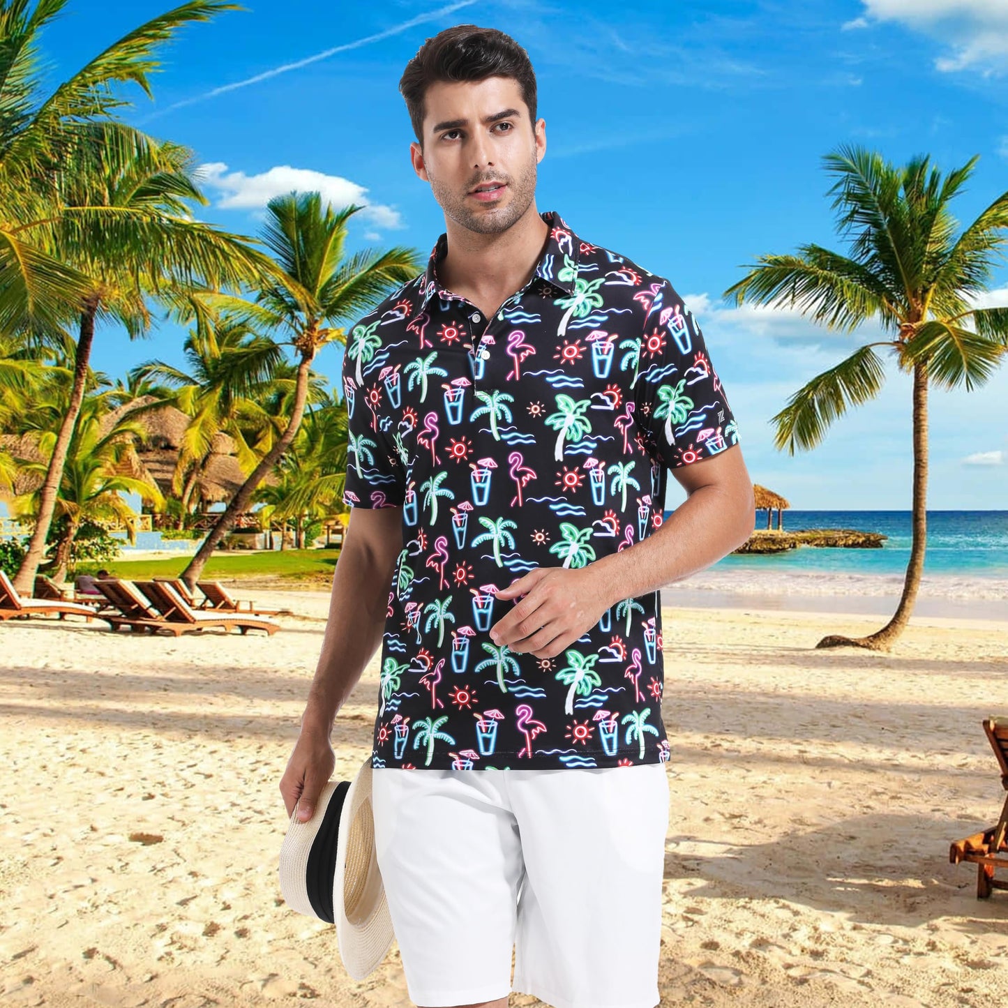 Men's Polo Shirt Short Sleeve Golf Shirt for Men Dry Fit Neon Flamingo Palm Print Casual Collared Mens Golf Polo Shirts Short Sleeve Golfing Polo for Men, 3X-Large