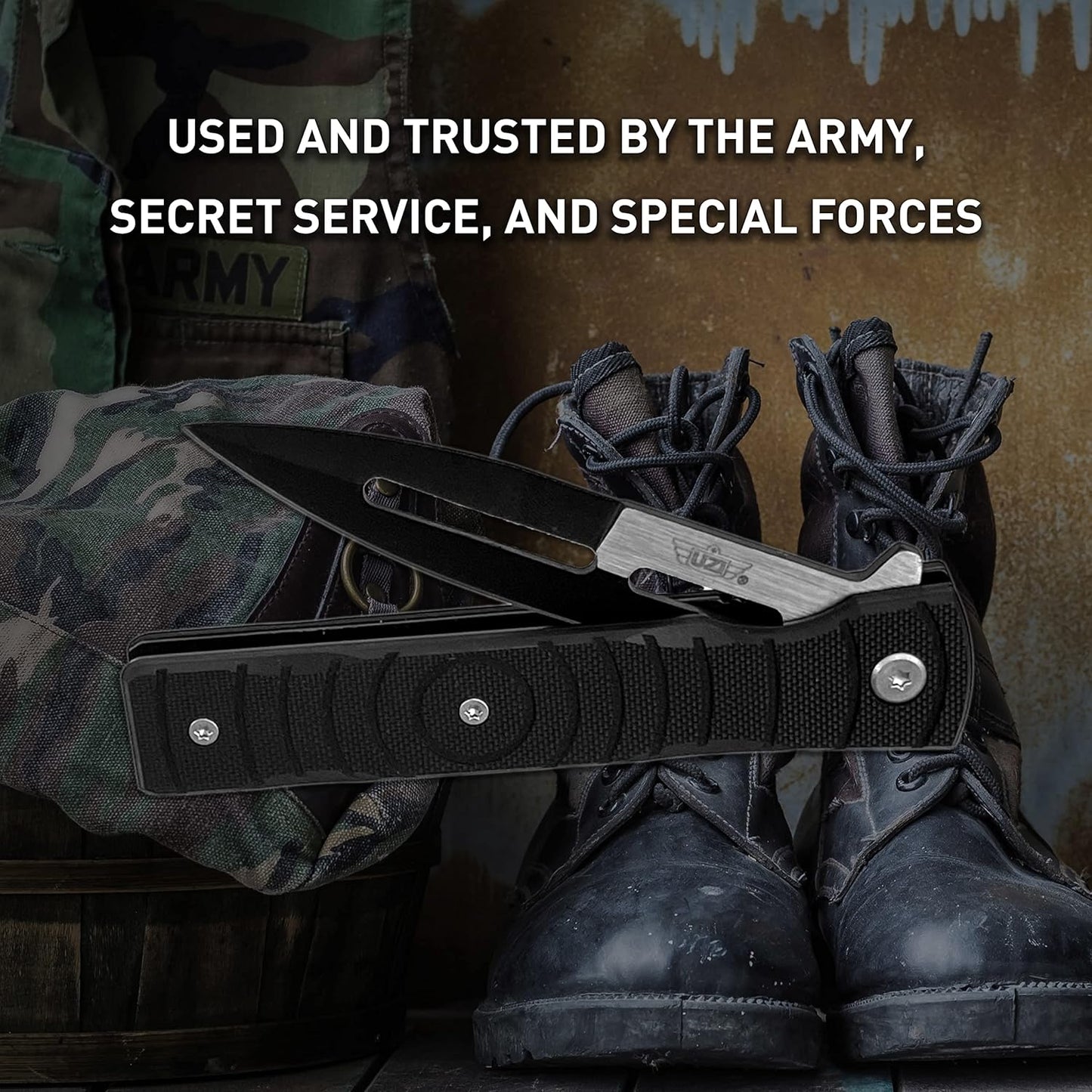 Uzi UZK-FDR-009 Covert Folding Knife with Straight Edge Stainless Steel Blade and Aluminum Handle with Metal Clip and Spring Assist, Survivor Tool, for Outdoor Trips, Camping, Fishing, Hunting, Black