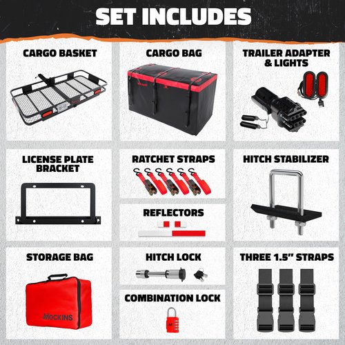 Mockins XXL 70"x30"x6" Folding Trailer Hitch Cargo Carrier w/Rear Lights, License Plate Bracket & 40 Cu Ft Waterproof Cargo Bag for Hitch Carrier | 500 Lbs Cap Car Trailer Basket Set w/Accessories