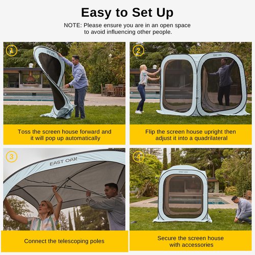 EAST OAK Screen House Tent Pop-Up, Portable Screen Room Canopy Instant Screen Tent 6 x 6 FT with Carry Bag for Patio, Backyard, Deck & Outdoor Activities, Light Blue