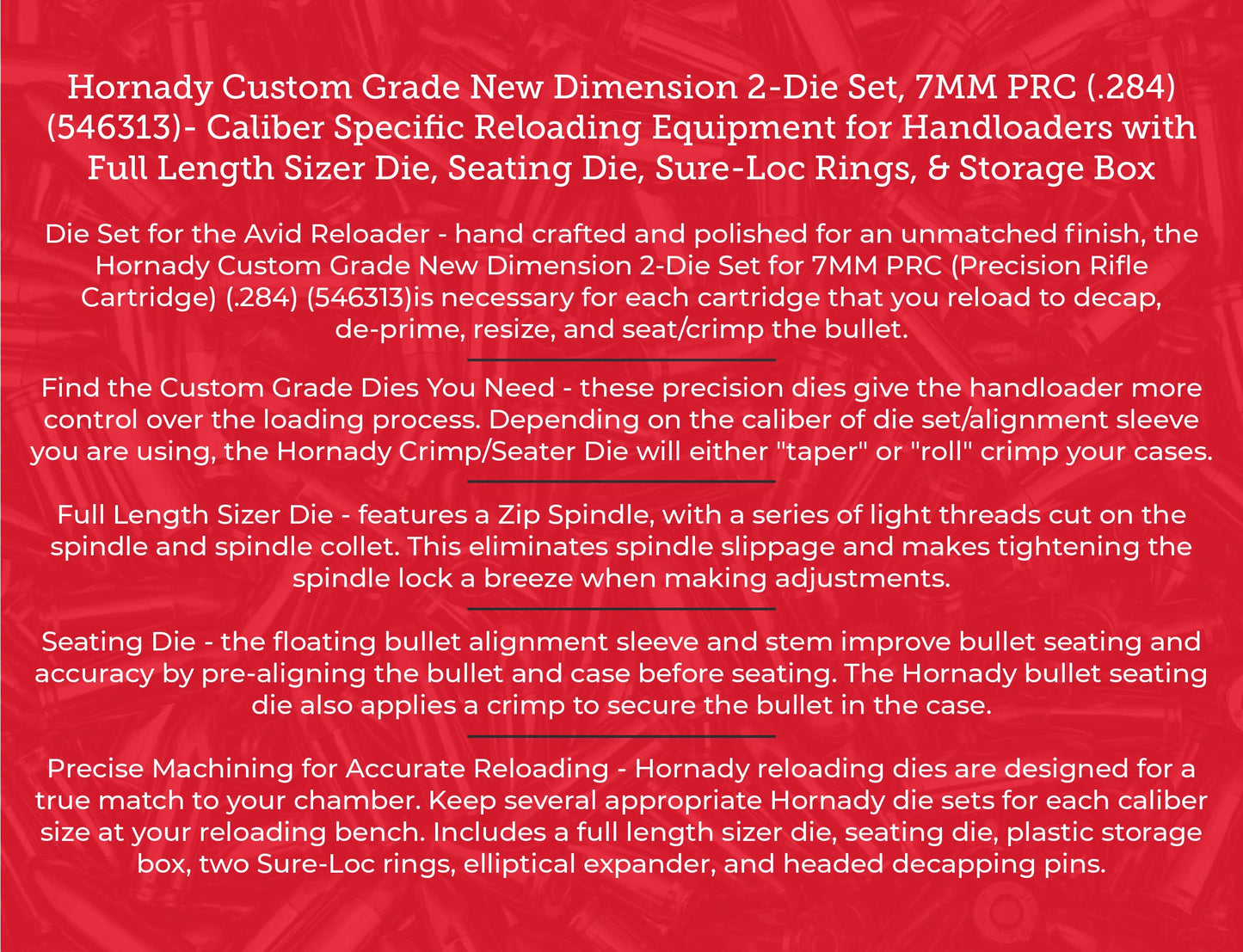 Hornady Custom Grade New Dimension 2-Die Set, 7MM PRC (.284) (546313)- Caliber Specific Reloading Equipment for Handloaders with Full Length Sizer Die, Seating Die, Sure-Loc Rings, & Storage Box