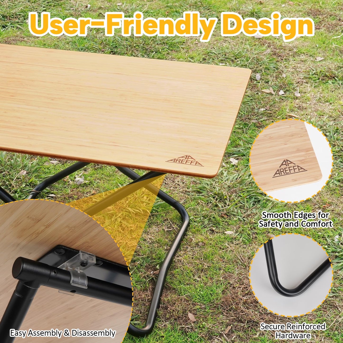 AREFFA Folding Bamboo Camping Table, Portable Outdoor Picnic Table with Aluminum Frame, Foldable Lightweight Camp Kitchen Table for BBQ, Hiking, RV, Beach, Easy Setup, 110lbs Load Capacity