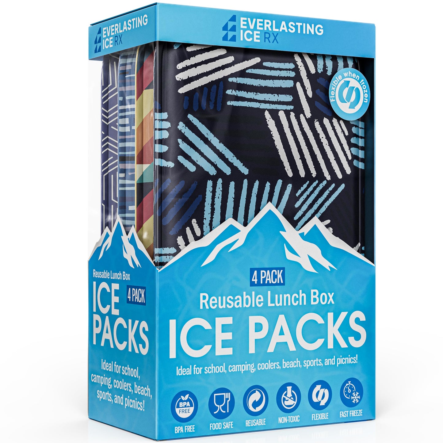 Everlasting Ice RX Reusable Ice Packs for Lunch Boxes & Coolers (4 Pack) Flexible, Long-Lasting, BPA Free, Versatile Soft Ice Pack for Insulated Bags, Picnic, Travel, and More