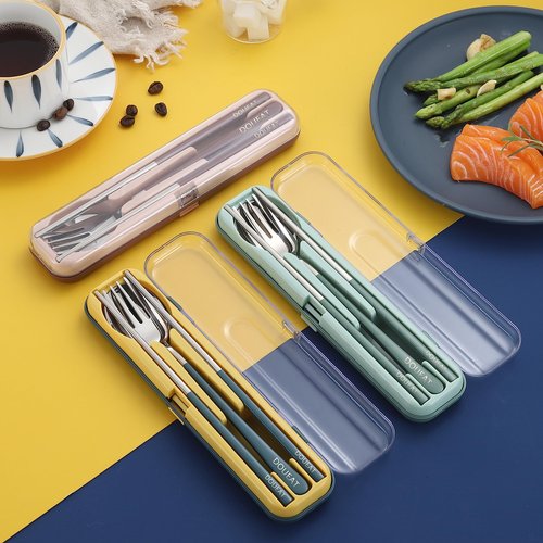 DOUEAT Portable Utensils Set Case with Fork, Spoon, Chopsticks; Reusable Stainless Steel Flatware; for Travel, Camping, School, Office Silverware Cutlery - Green
