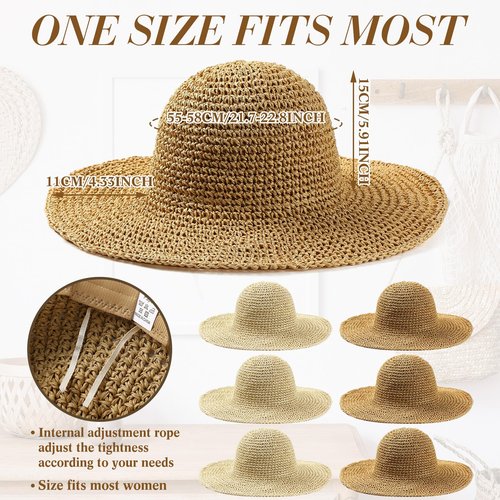 Bonuci 6 Pcs Floppy Paper Straw Sun Hat Foldable Packable Wide Brim Scarecrow Hat Breathable Crochet Bucket Beach Hat(Khaki, Beige,Classic)