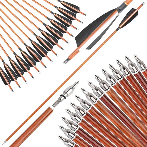 surwolf 31Inch Carbon Arrow Practice Target Arrows with 4" Natural Feather Spine 500 Hunting Arrows with Replaceable Arrowhead for Compound and Recurve Bows 6/12Pack (Black, 12pcs)