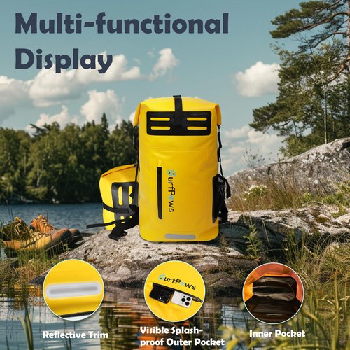SurfPaws Waterproof Backpack - Outdoor Dry Bag for Boating, Camping, Rafting, Fishing, and More, with Waterproof Phone Pouch (Yellow, 35L)