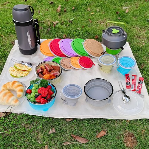 Cagelya Mess Kit for Camping Silicone Collapsible Bowl Collapsible Cup and Stainless Steel Spoon for Backpacking Outdoor Hiking Traveling and Picnic - 2 Pack
