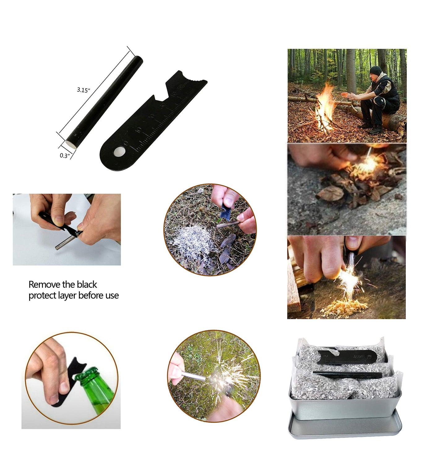Emergency Survival Kit – 9-in-1 Fire Starter Set with Ferro Rod, Wax Rope, Wire Saw, Multi Tool Card, Knife & 2 Thermal Blankets – for Camping, Hiking, Car, Bug Out Bag
