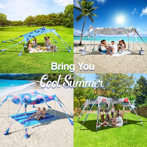 Rhino Valley Beach Tent, 10x10 FT Beach Shade UPF50+ Protection, Beach Canopy with 8 Sandbags 4 Stability Poles, Outdoor Beach Tent Sun Shelter Umbrella for Sand,Camping,Fishing Essentials, Black Tree