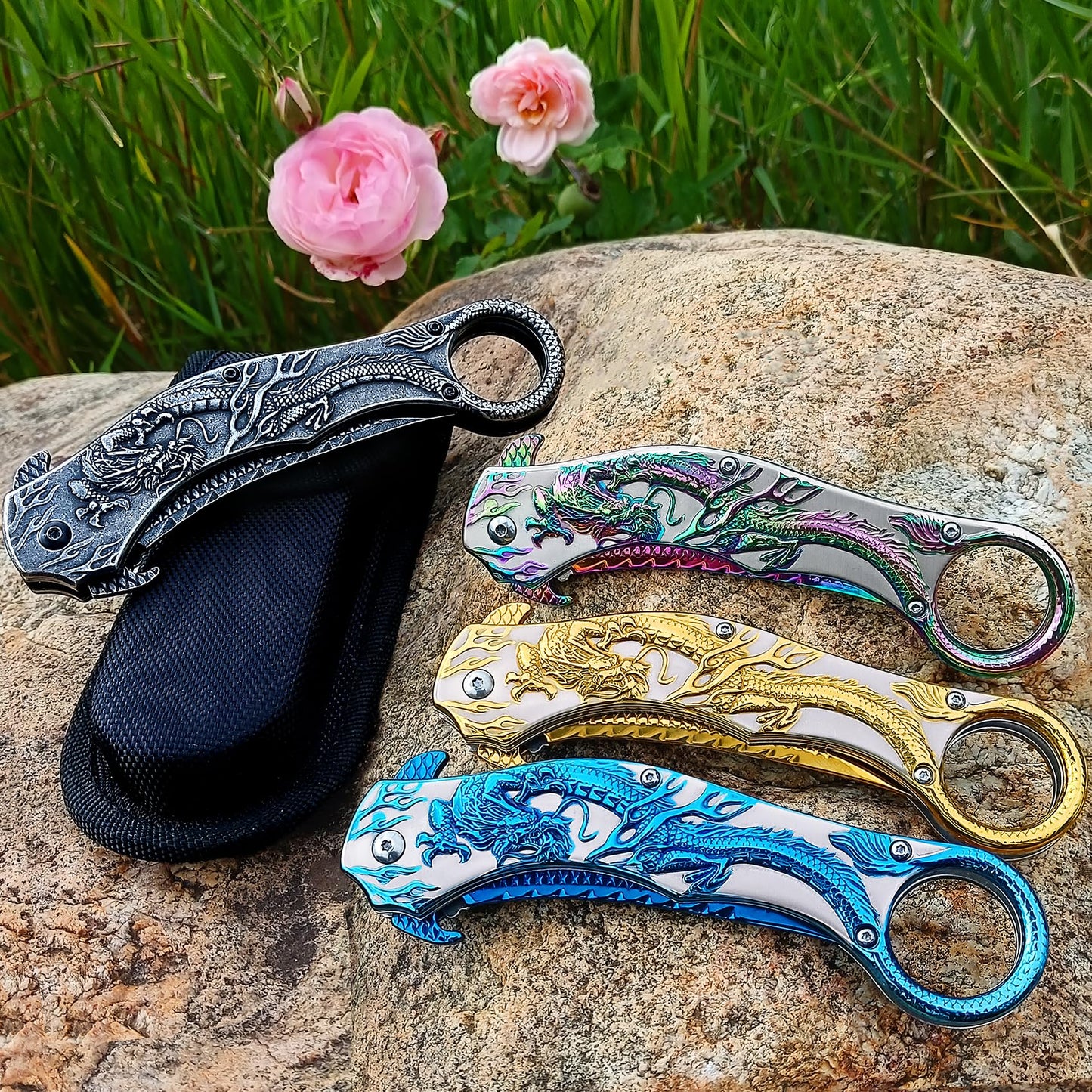 MADSMAUG Pocket Knife, 9Cr18Mo BLADE Pocket Folding Knife With Sheath, Cool 3D Dragon EDC knife, Great Gift Pocket Knife For Men Outdoor Survival Camping (Black)