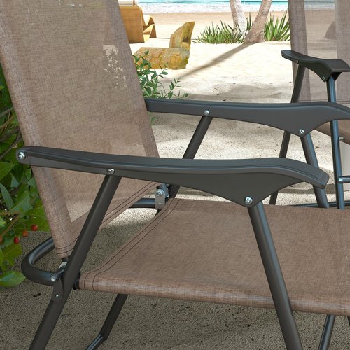 Outsunny Folding Patio Chairs, Set of 4 Sports Chairs for Adults, Camping Chairs with Armrests, Breathable Mesh Fabric Seat for Lawn, Brown